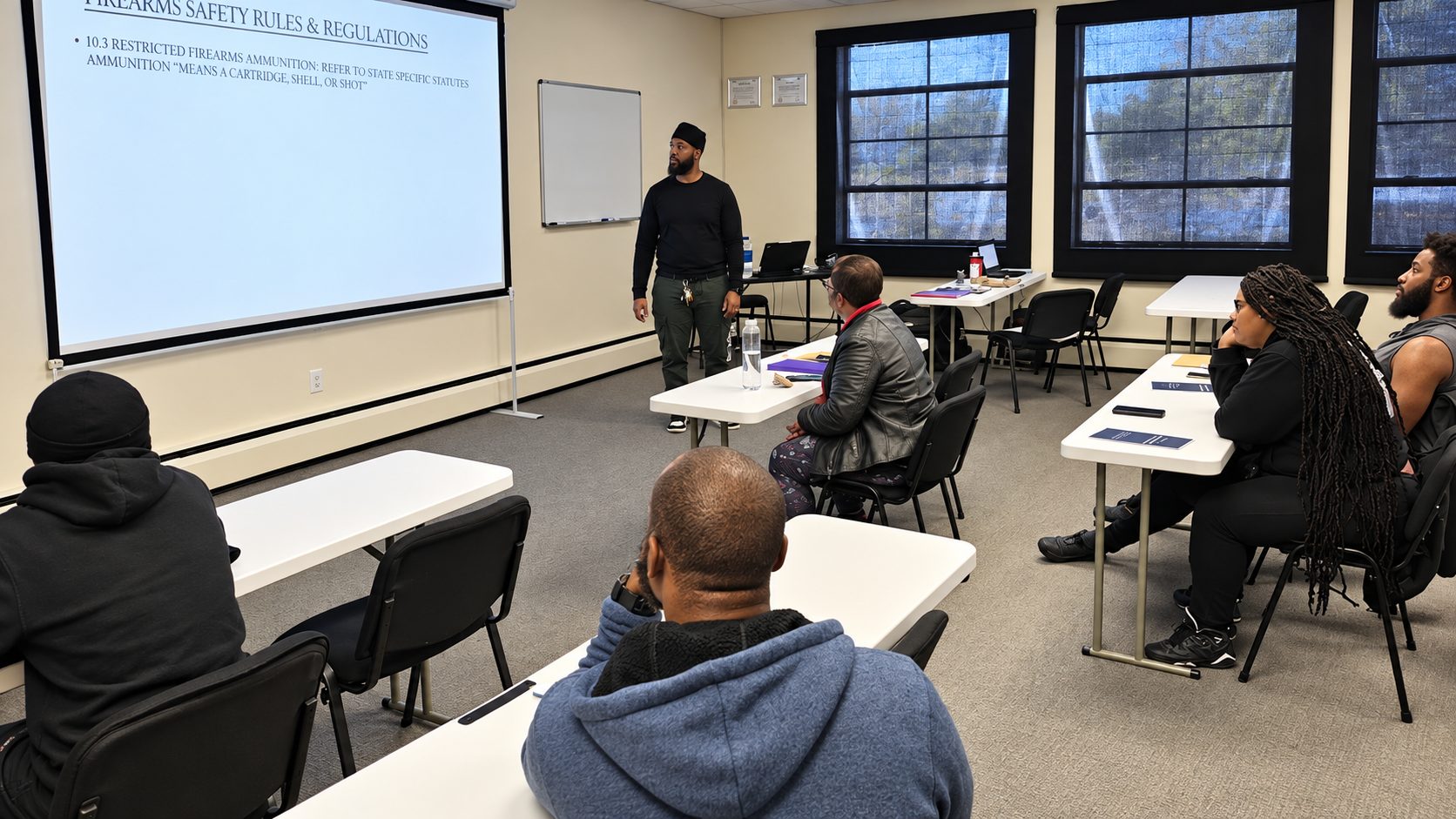 Instructor teaching a firearms safety class to students in a classroom
